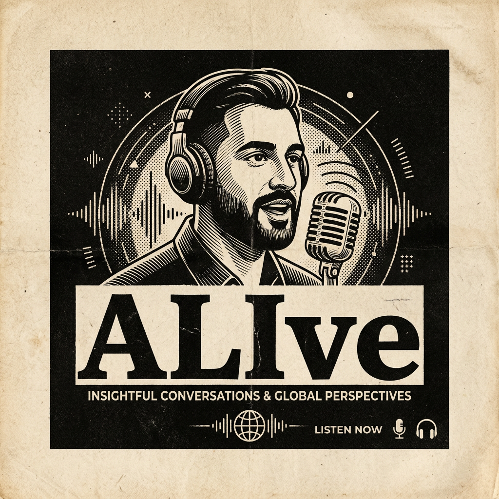 Illustration of a man wearing headphones speaking into a vintage microphone with sound wave graphics in background and text 'Ali Khan Radioshow'